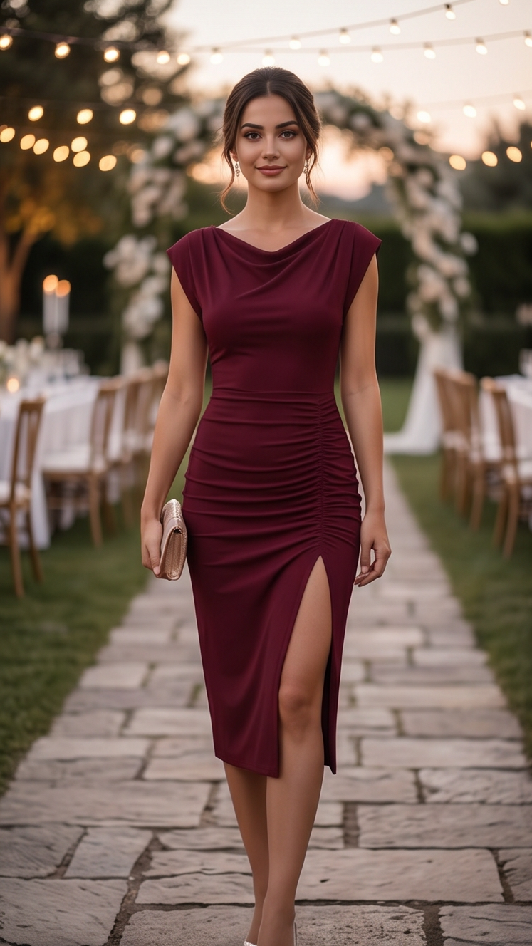 Uzun Yırtmaçlı Krep Abiye Elbise – Bordo