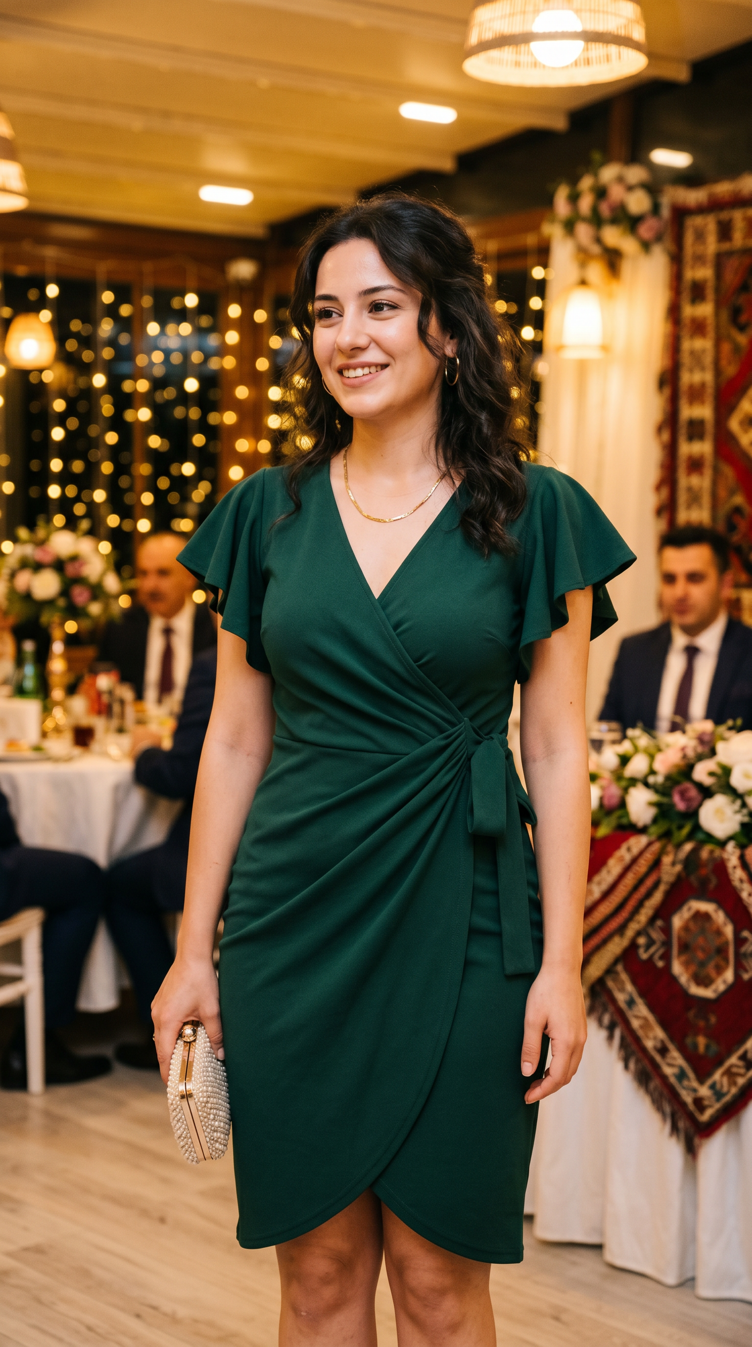 V Yaka Fırfırlı Kol Krep Abiye Elbise – Yeşil