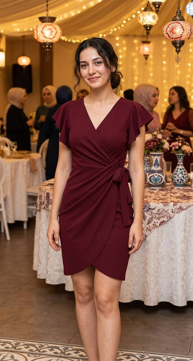 V Yaka Fırfırlı Kol Krep Abiye Elbise – Bordo