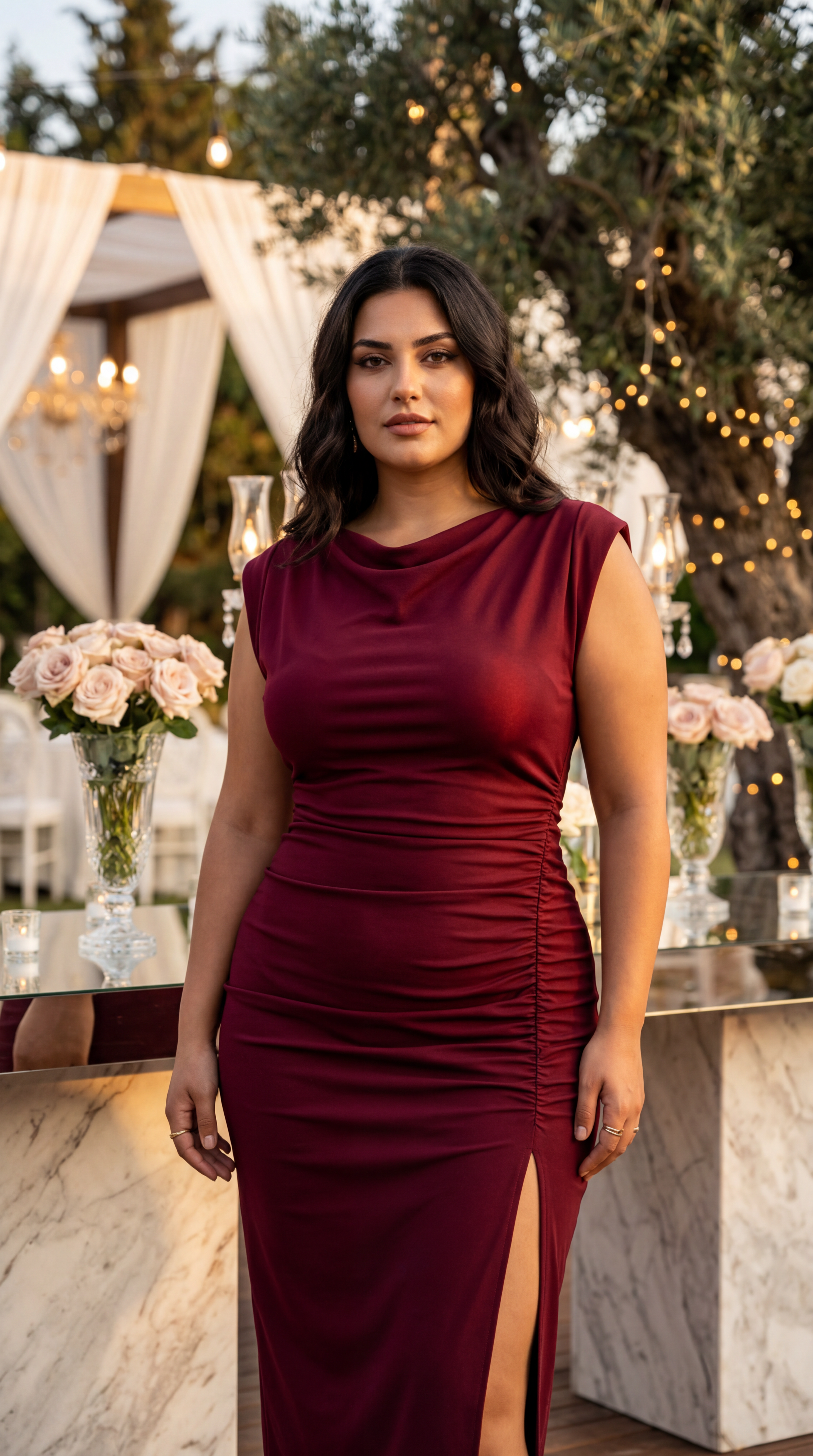 Uzun Yırtmaçlı Krep Abiye Elbise – Bordo