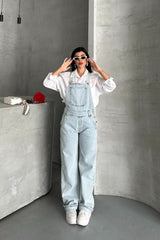 Buz Mavi Yandan Düğmeli Kot Salopet Kadın – Denim Tulum Regular Kesim