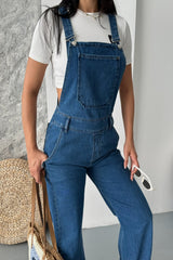 Koyu Mavi Yandan Düğmeli Kot Salopet Kadın – Denim Tulum Regular Kesim