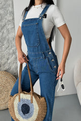 Koyu Mavi Yandan Düğmeli Kot Salopet Kadın – Denim Tulum Regular Kesim