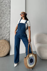 Koyu Mavi Yandan Düğmeli Kot Salopet Kadın – Denim Tulum Regular Kesim