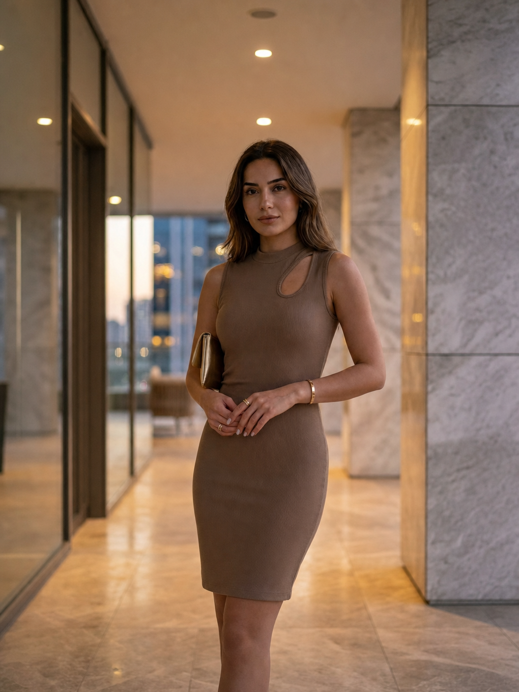 Kahve Yazlık Kolsuz Omuz Detaylı Bele Yapışan Kaşkorse Midi Elbise
