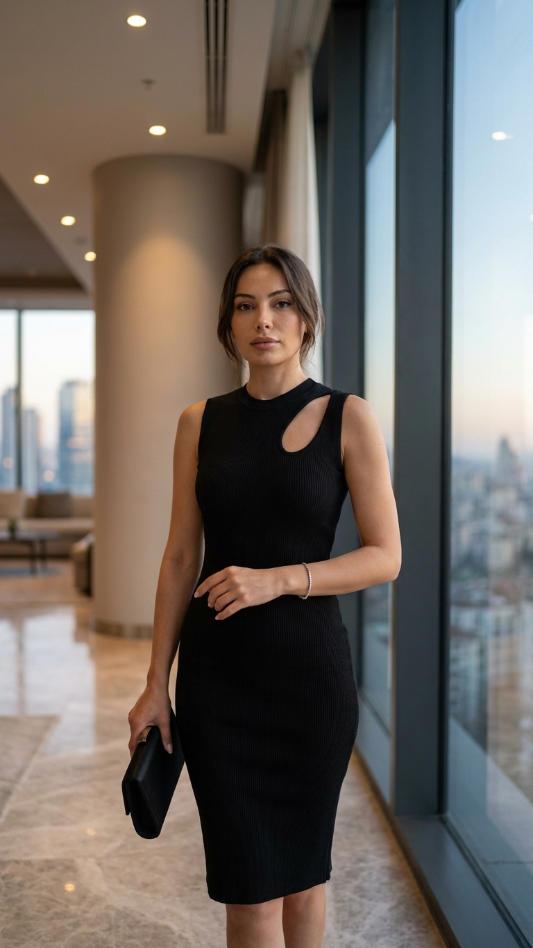 Siyah Yazlık Kolsuz Omuz Detaylı Bele Yapışan Kaşkorse Midi Elbise